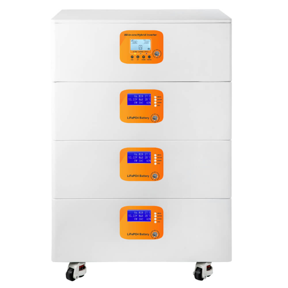 45kWh Stacked All-in-One Hybrid Energy Storage System | 48V 11kW Inverter + Triple LiFePO4 Battery Packs with Smart BMS & LCD